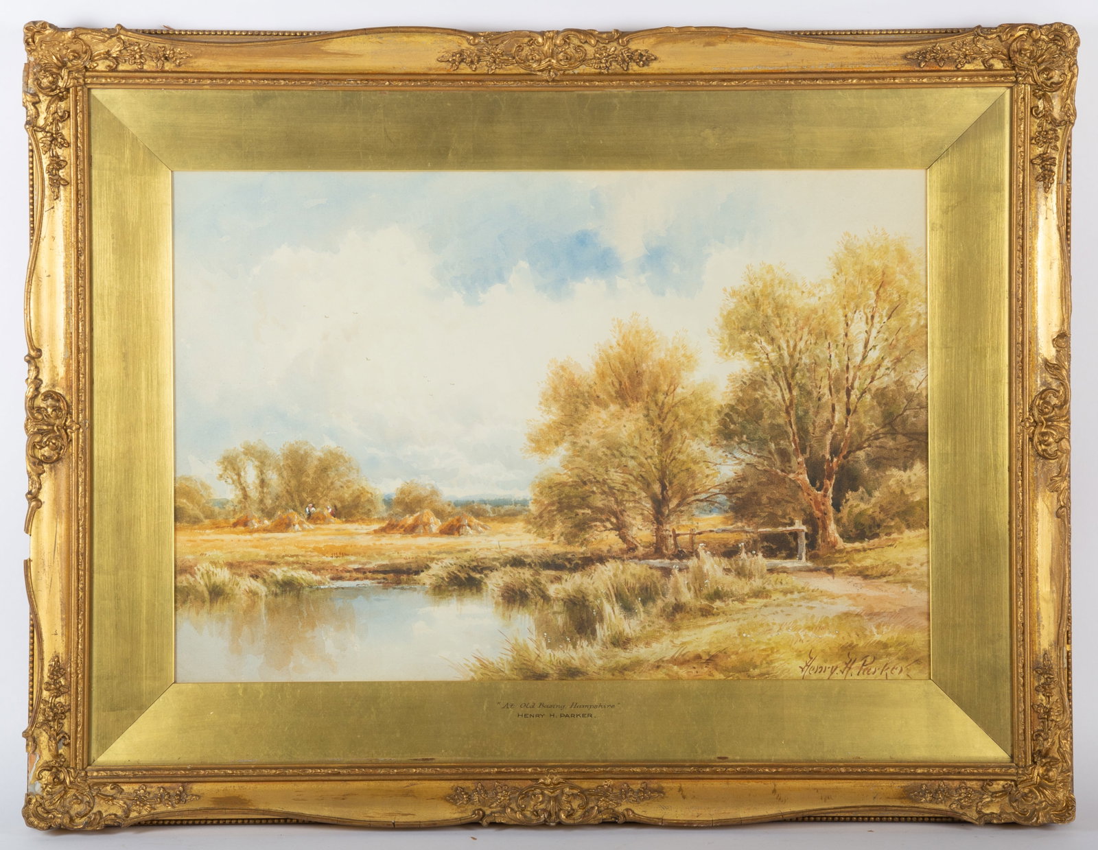 HENRY PARKER WATERCOLOR: Landscape farming scene "At old Basing Hampshire", signed lower right; normal wear; framed 14" x 21", VG-EX