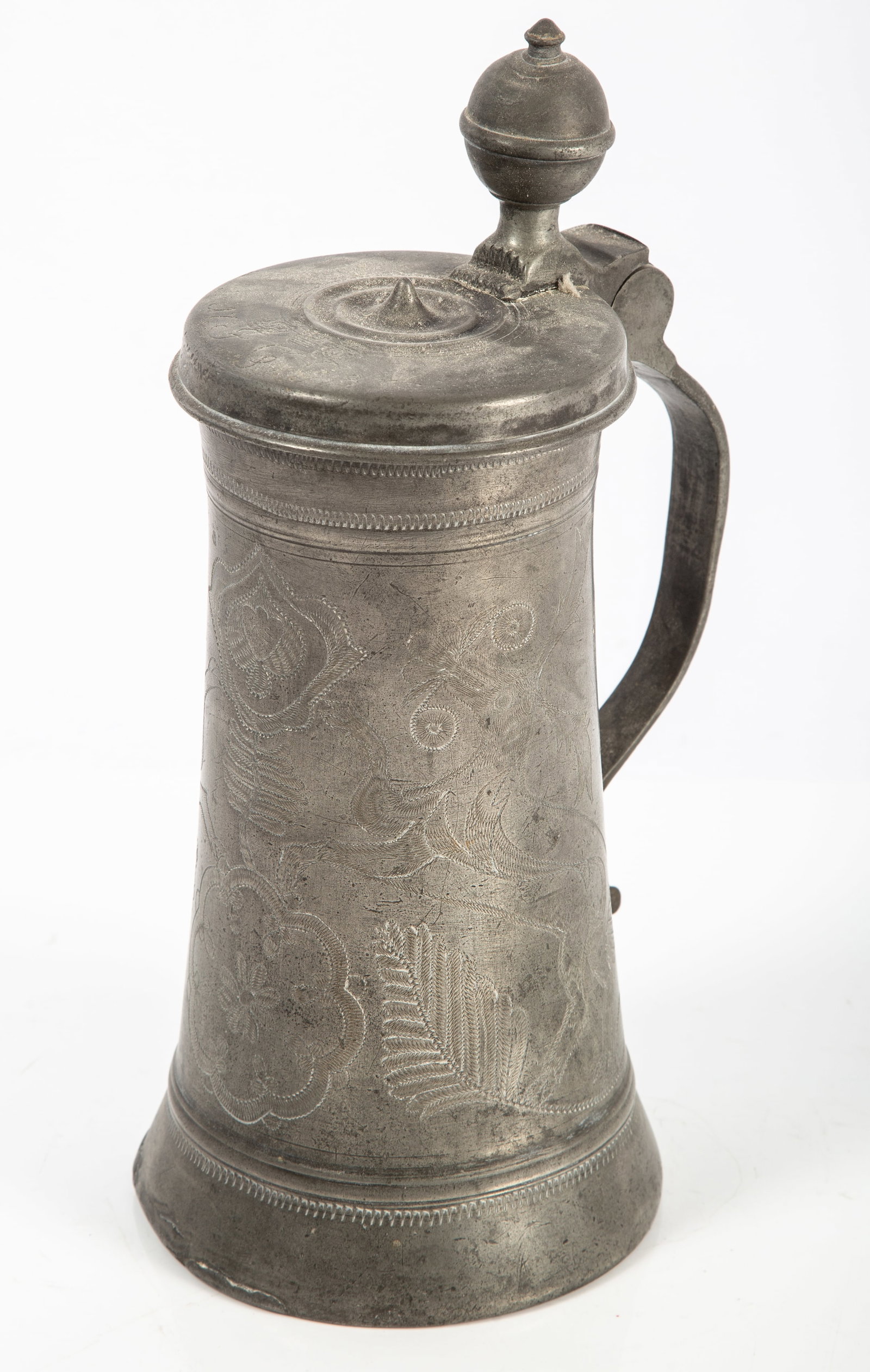 PEWTER STEIN: Ball finial, hinged lid; elaborate floral and deer (?) engraving, makers stamp 1787; normal wear; H-12", G-VG