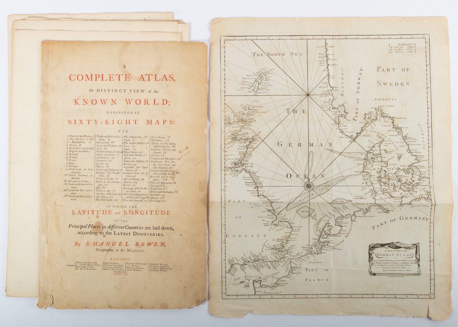 GROUP OF EARLY MAPS: From E. Bowen Atlas, etc. 1752, includes single sheets: Ireland, Switzerland, Germany and double page maps of Scotland (North Britain), towns and harbour page, the world, Russian Empire, together with