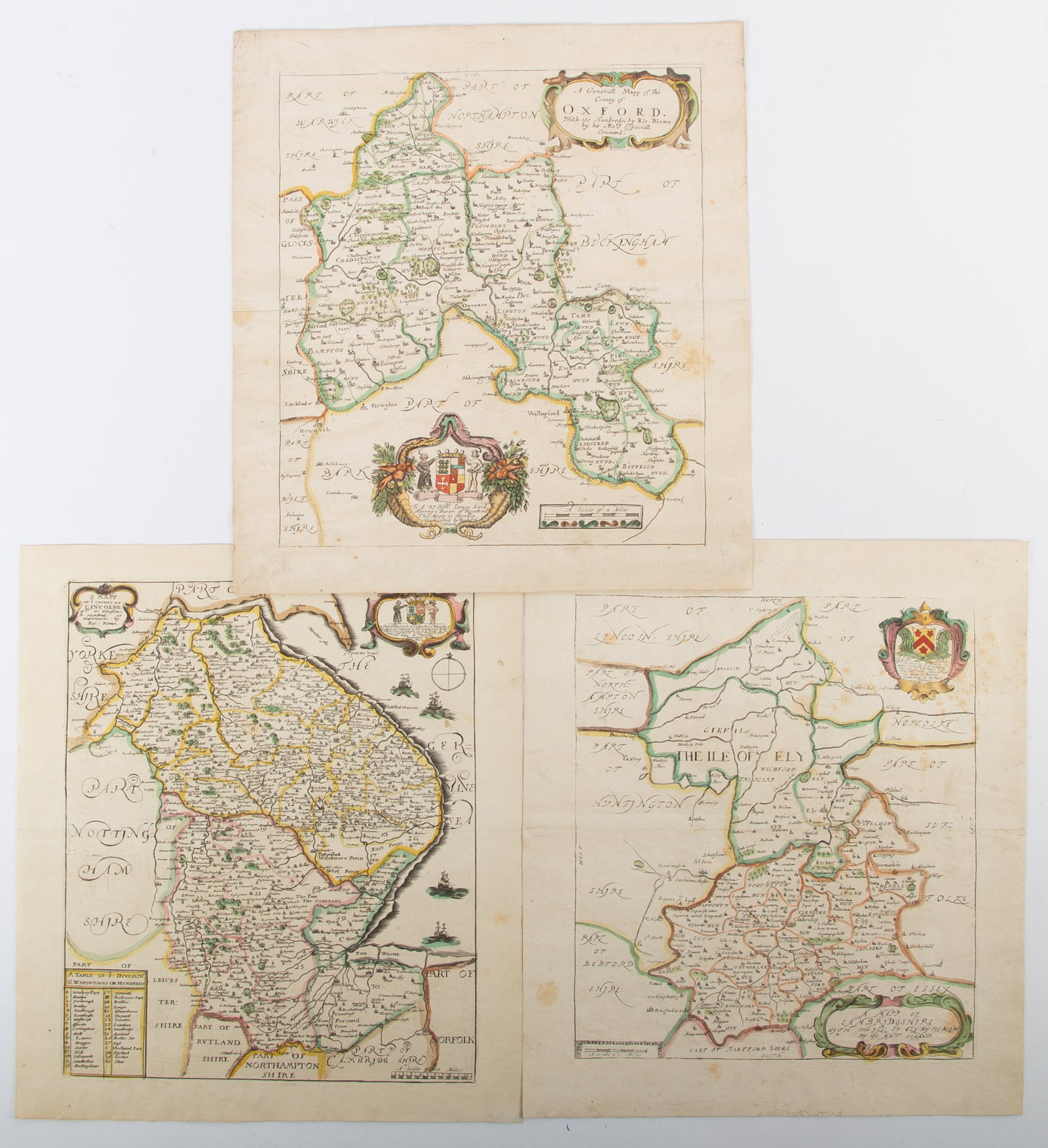EARLY MAPS OF ENGLAND (3): Hand colored, "Oxford, Cambridgeshire, Lincolne" by Blome; some light staining and foxing; not framed; 15" x 13", F-G