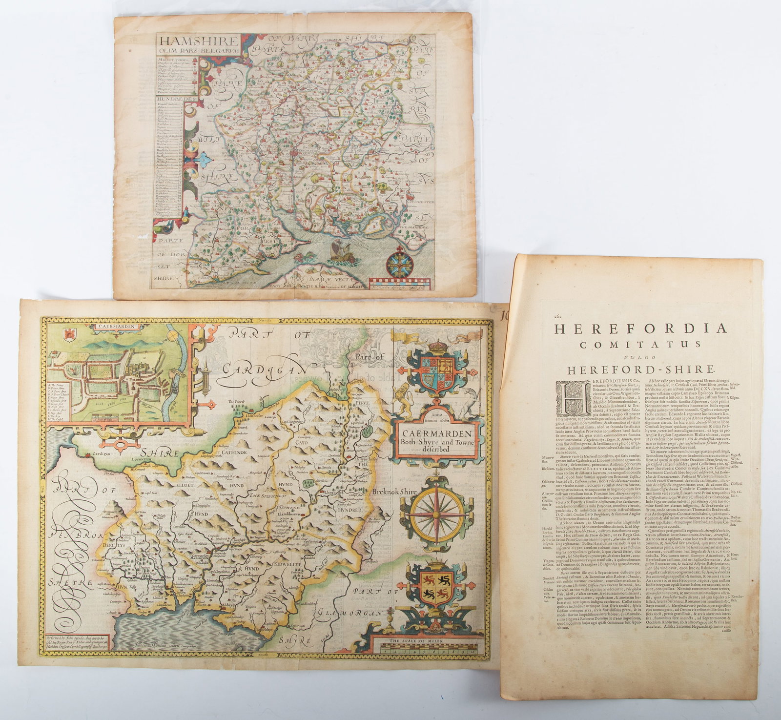 EARLY MAPS (3): Color and hand colored; (1) Herefordshire, crease split; (1) Hamshire, William Hole after John Norden (?), possibly 1607 - first issue; (1) Caermarden - Speede; some toning; largest 20" x 23" G-G+
