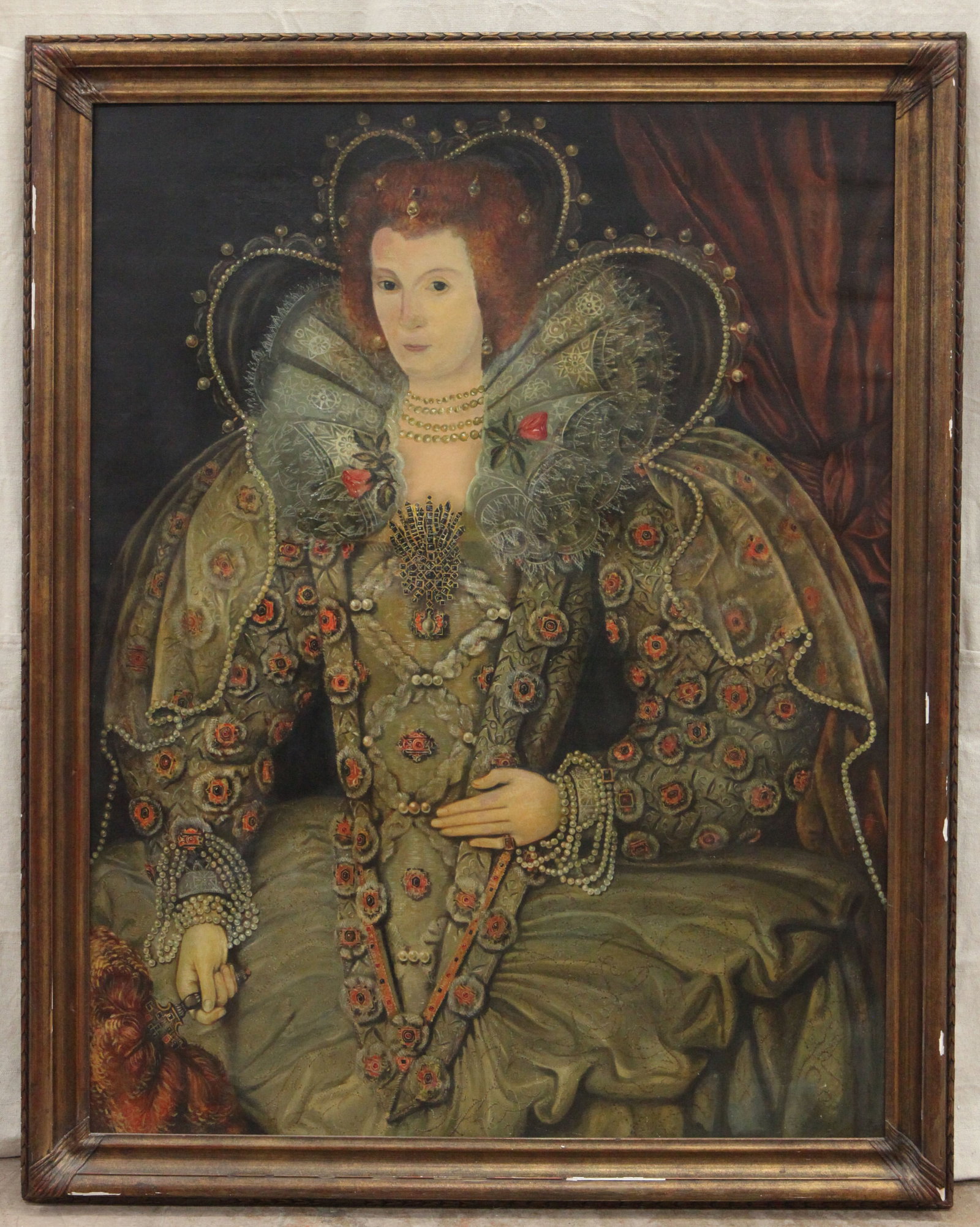 18TH CENTURY STYLE ROYALTY PAINTING: Oil on canvas, unsigned, woman elaborately dressed with beaded hood, holding fan; framed, has chips; central patch on reverse; normal wear; 45" x 35", G-G+