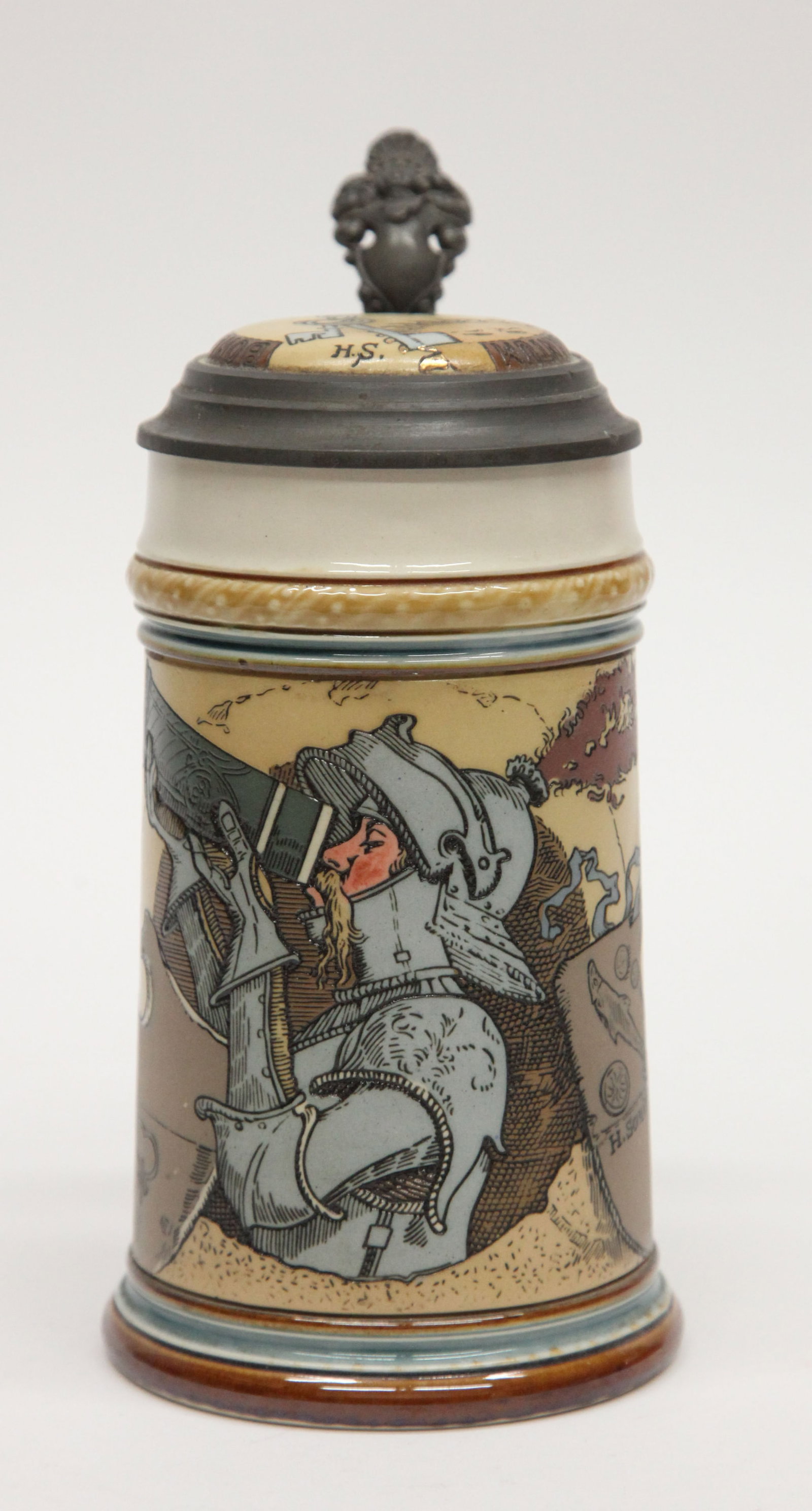 METTLACH STEIN 2123: Schlitt drinking knight; inset stoneware lid; 1/2L, normal wear; H-8 1/2", G-VG