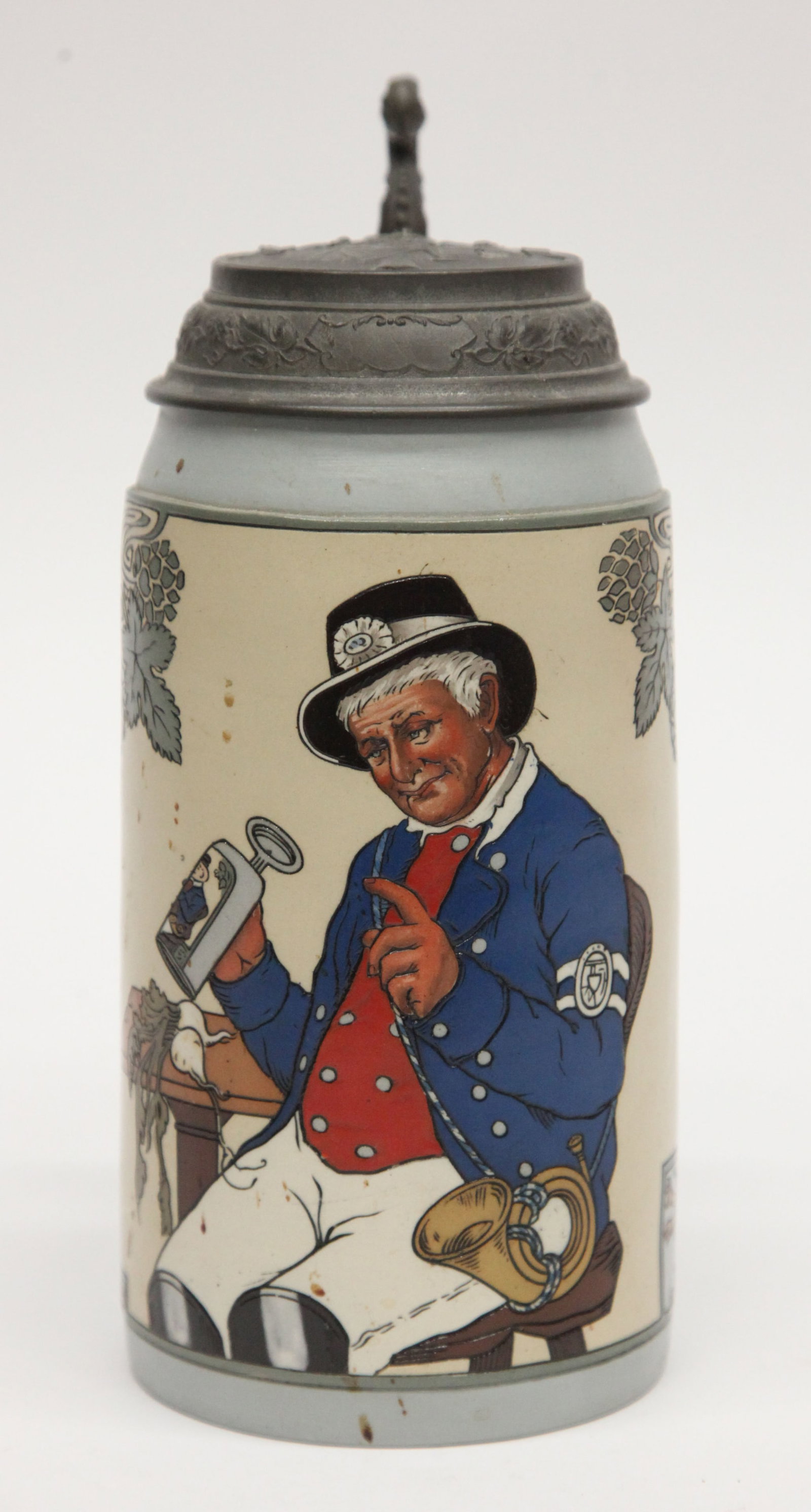 METTLACH STEIN 3085: Postman stein with girl lid; 1 litre; normal wear; H-9 1/2", G-VG