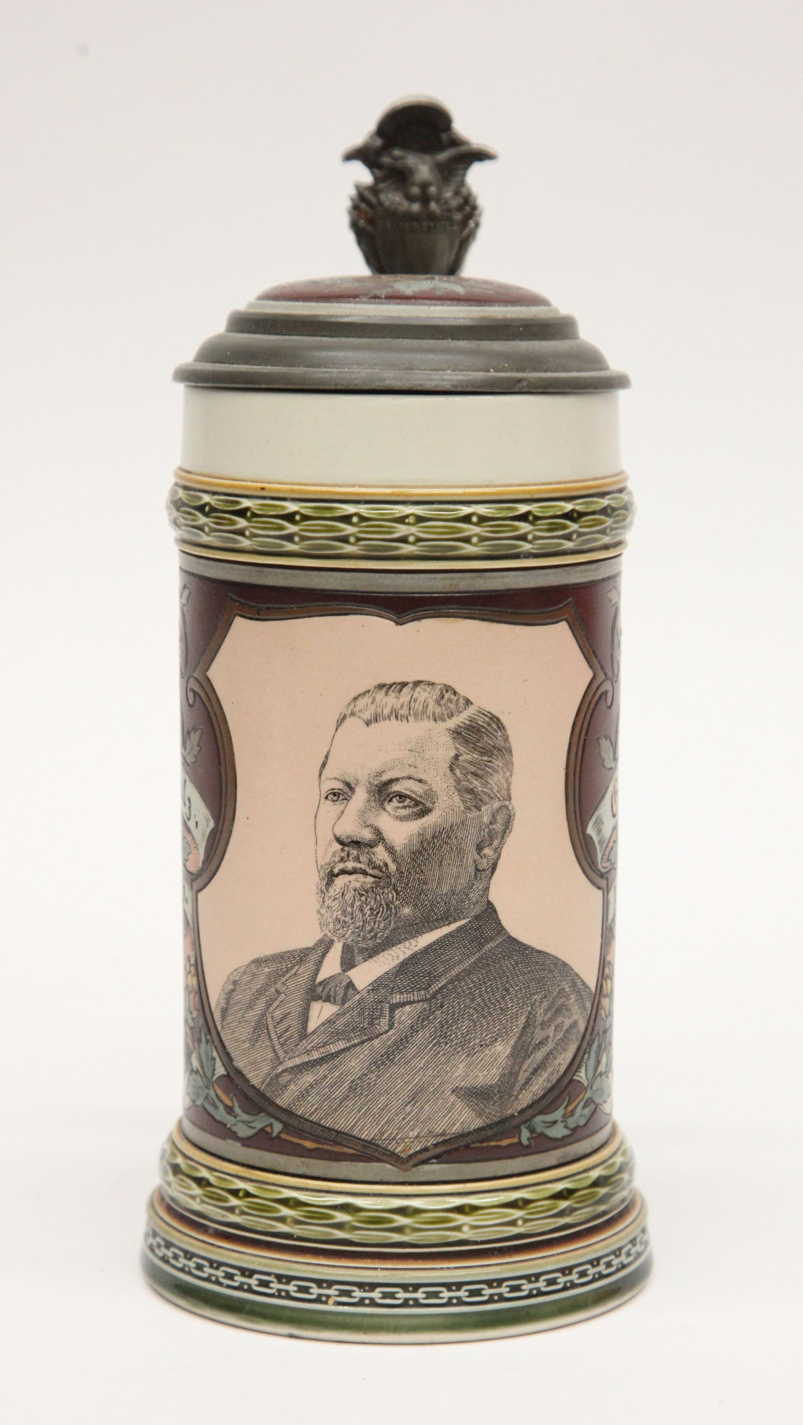 METTLACH STEIN #1997: George Ehret Brewery; insert stoneware lid; normal wear; H-9 1/2", G-VG