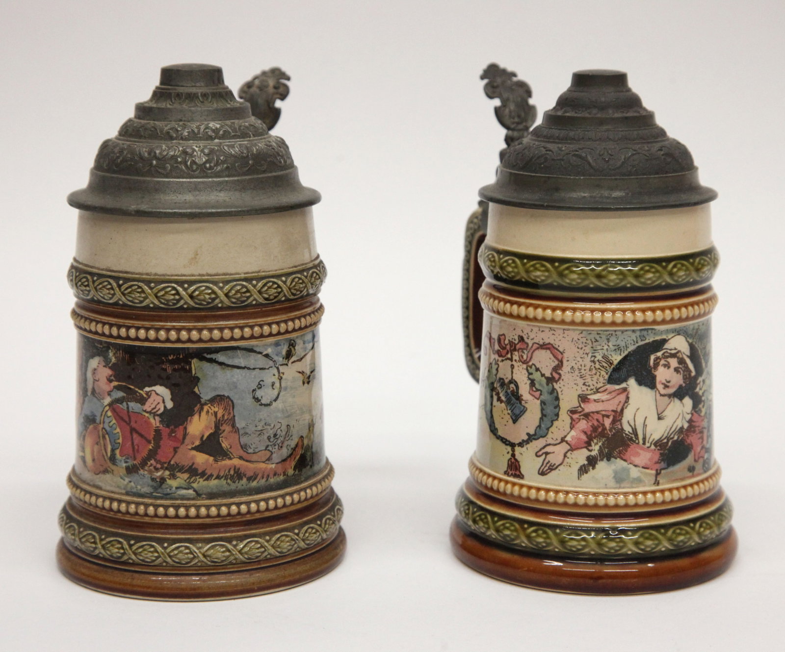 METTLACH STEINS (2): both 1/4 litre; (1) 2181 huntsman, (1) 2181 barmaid, no castle mark; normal wear; H-6 1/2", G-VG