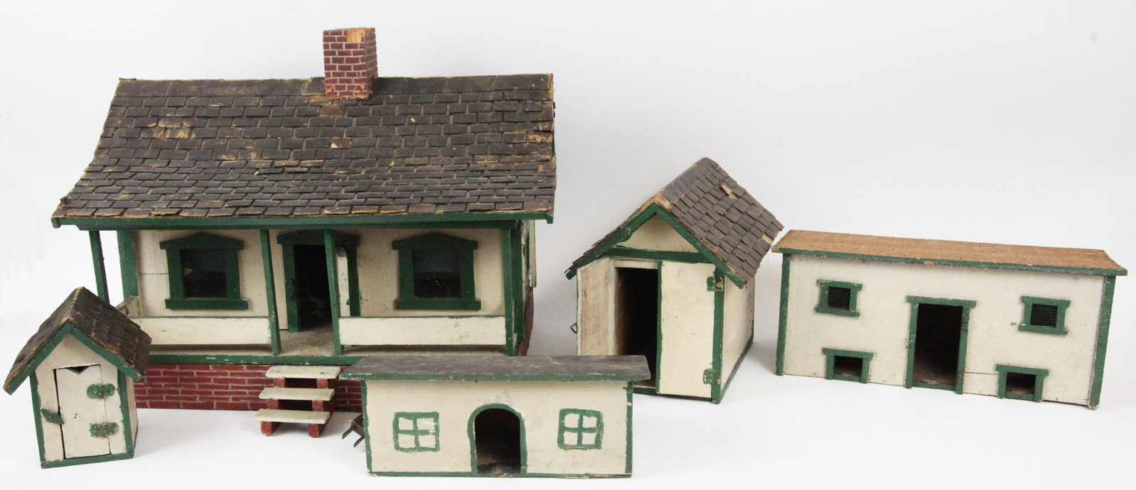 FOLK ART FARM: Painted wood house, shed, out buildings and chicken coop; house electrified but not lighting; house sealed; wear and losses; H- 14"; L- 18"; G