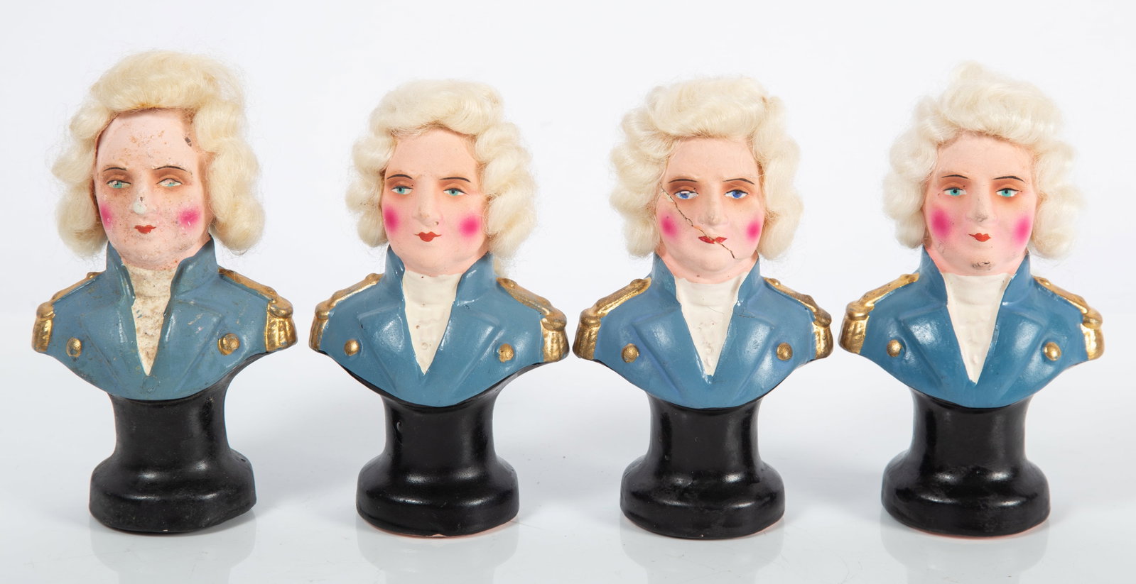 (4) GEORGE WASHINGTON CANDY CONTAINERS: Painted composition; Germany; they don't open; (1) face cracked; (1) face worn; normal wear; H- 5"; F-VG