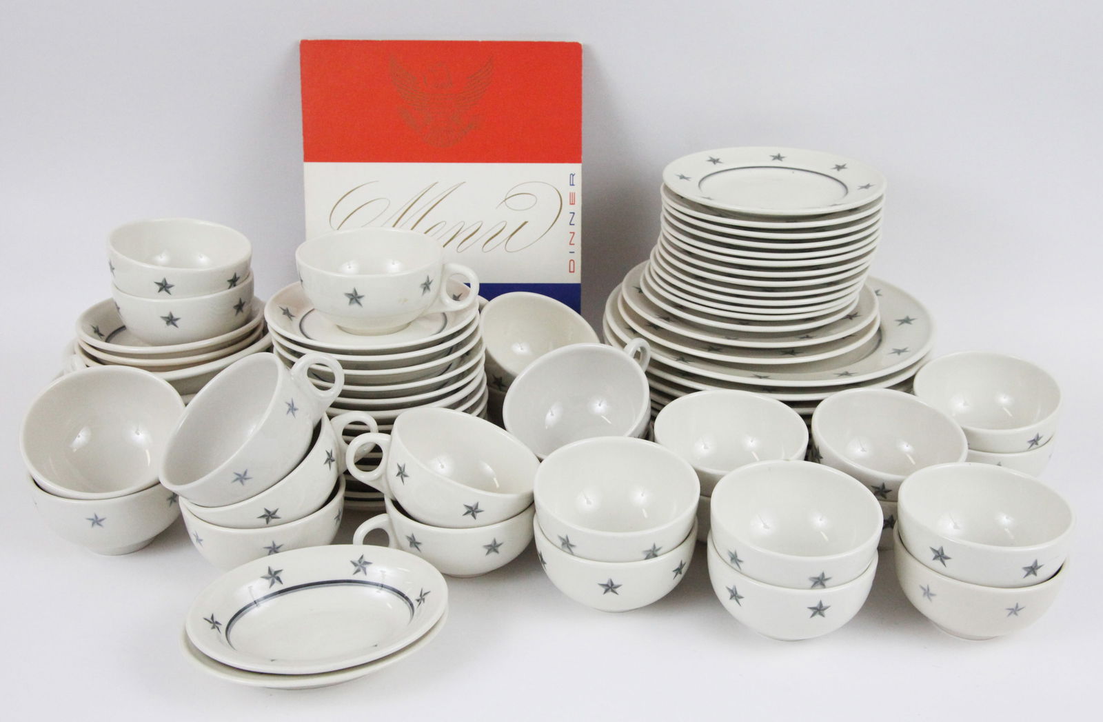 (45) PCS. UNITED STATE LINE CHINA & MENU: Assembled Mayer & Lamberton; (14) chowder bowls, (8) dinner plates, (13) saucers and (12) cups; (2) salad plates; (13) dessert plates, (2) vegetable side bowls, (2) cereal bowls, (1) soup bowl, (3) fr