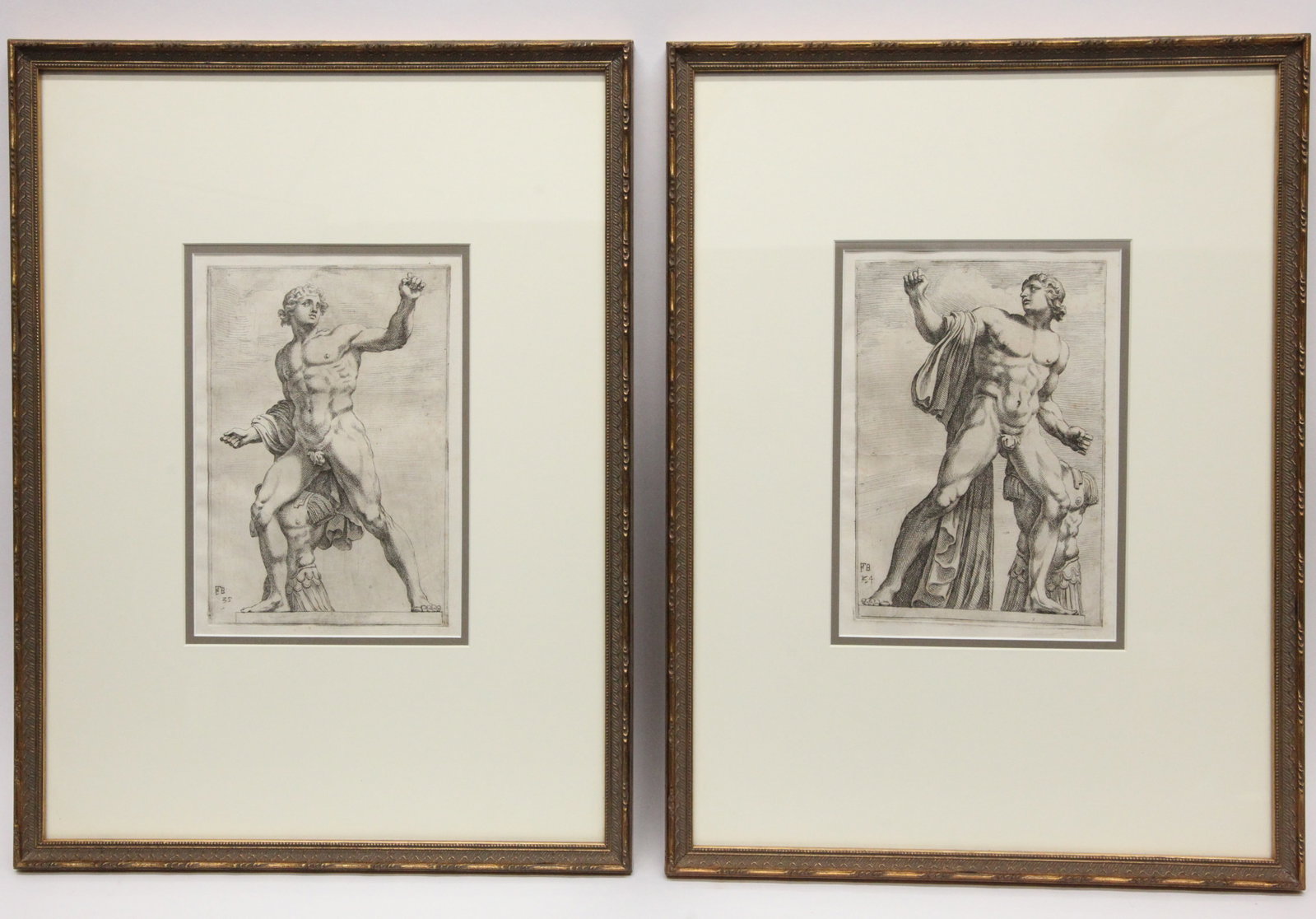 ROMAN GLADIATOR ENGRAVINGS (2): Copper plate engravings with etching in background; Francois Perrier; normal wear; matted and framed; 9 1/2" x 6", VG-EX