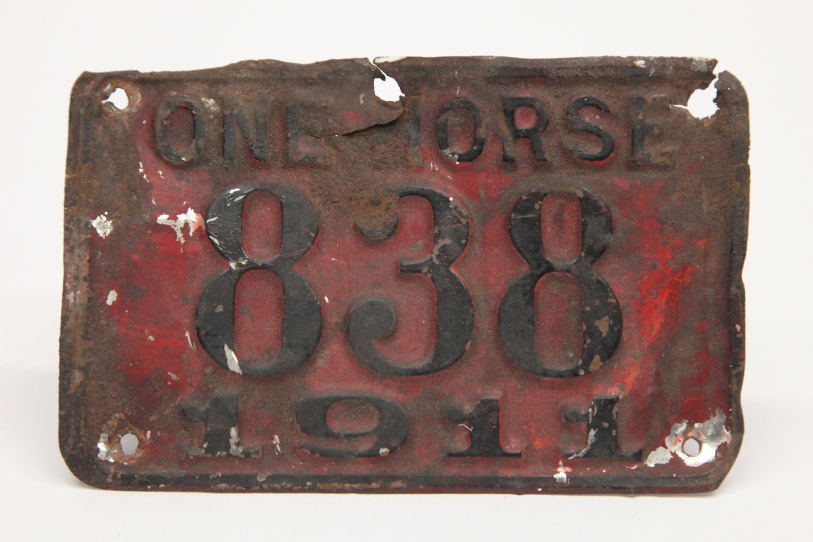 TRADERS LICENSE PLATE: metal license, "One Horse" traders cart #838-1911; worn and bent; rust; 3 1/2" x 5 1/2", P-F