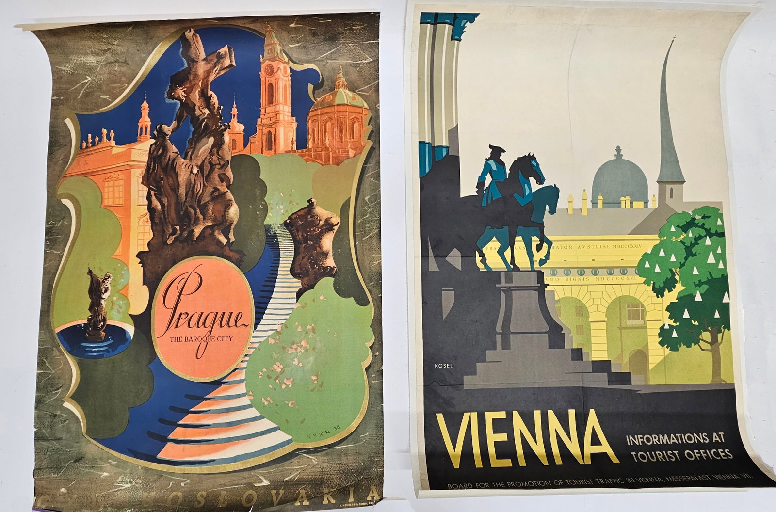 TRAVEL POSTERS (2): (1) "Prague" "The Baroque City", "Czechoslovakia", V. Neubert & Sons, (RYKR-38), not lined, not laid down, some edge roughness, 35" x 23", F-G (1) "Vienna", printed in Austria; Kosel 1916; laid down o