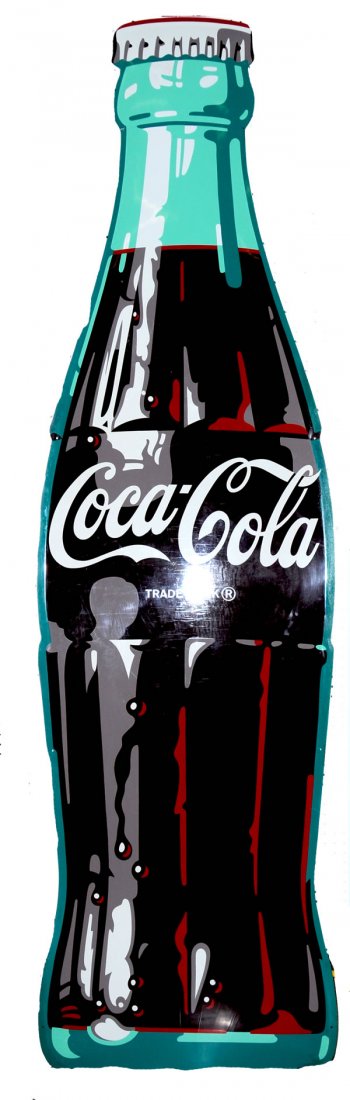 COCA-COLA 9 FT. TIN BOTTLE CUTOUT SIGN: 9 feet x 31 inches and dated 1953. New old stock with only small marks or scratches. Two short scratches with marker touch-up. Only a perfect example would slightly improve this condition. Condition 9