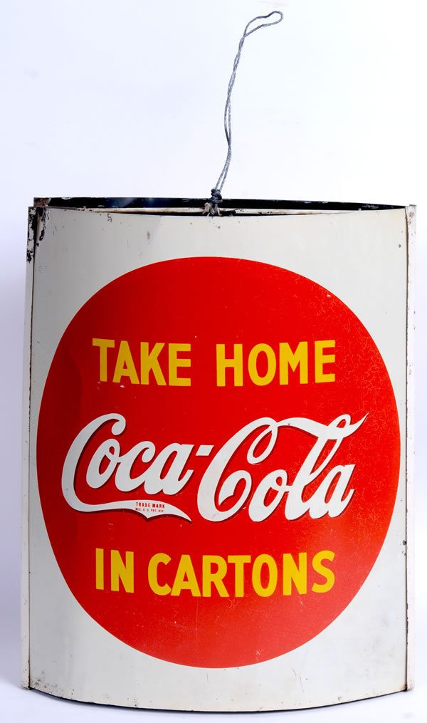 1930'S COCA-COLA STRING HOLDER: 16" x 12 1/2" x 7" deep. Only light wear, a few shallow dents and crimps, some overall weakness and paint chipping especially in the white background color. Some minor crazing and small marks on the r