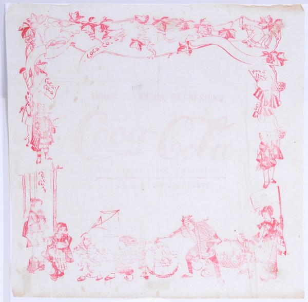 1892 COCA-COLA PAPER NAPKIN: 14" x 14". Lightly browned especially around the top and bottom edges. Some general overall medium to stronger fading, especially on the central Coca-Cola logo. Headache and exhaustion claims are stil
