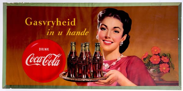 1950 LARGE HORIZONTAL COCA-COLA SOUTH AFRICAN PAPER: 27 " x 56". Fairly clean in the central areas with only some minor fold marks and wrinkles. On the outer edges there is some chipping and edge wear with some soiling and 3 closed tears on the right si