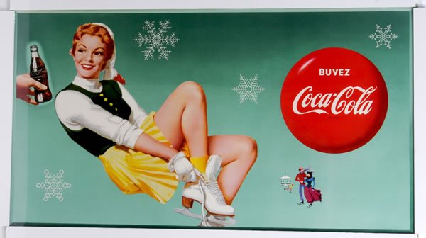 1955 COCA-COLA SMALL HORIZONTAL CARDBOARD POSTER: 20" x 36". Very clean and bright with only some very minor surface bends in left corners and miniscule marks of any sort, otherwise. Another poster that was designed for use in a foreign market. Condi