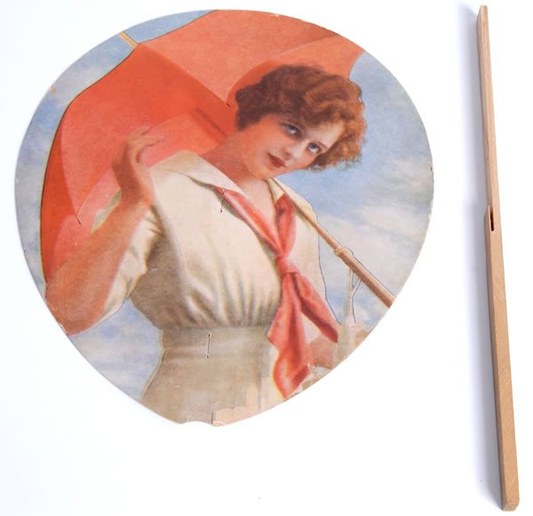 CIRCA 1912 COCA-COLA BOTTLING COMPANY HAND FAN: 9 1/2" x 8 1/2" not including handle. The handle has been removed by the archivist and is separate from the fan. The fan names N. B. Barnett, listed as manager. Interesting piece with a nicely colored