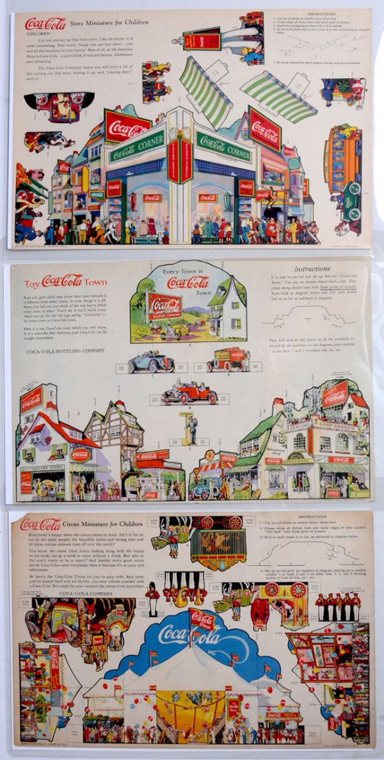 3 ASSORTED COCA-COLA CHILDRENS' CUT-OUTS: 10" x 15" each. Includes a 1927 miniature circus, a 1927 toy town and a 1929 Coca-Cola store miniature. Two of the three pieces are quite clean and bright with only minor marks or wear. The Circus min