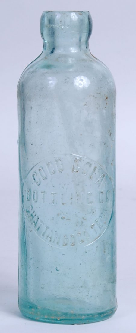 CHATTANOOGA COCA-COLA HUTCHINSON BOTTLE: Five to six small nicks at the top of bottle with only a few surface nicks elsewhere, and some interior clouding. Block lettering with misspelled Coco. Condition 7 to 7.4 / VG