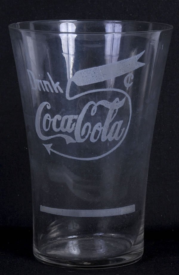 LARGE 5 CENTS COCA-COLA FLARE GLASS: This example features a thin line 5 cents and is strongly etched but has a larger nick on rim. Condition 8.5 / EX