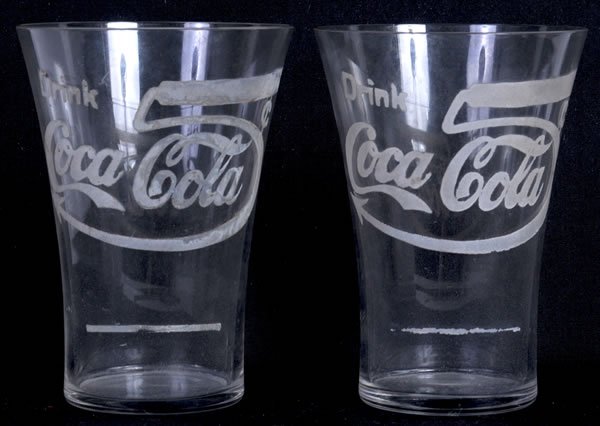 SET OF 2 COCA-COLA LARGE 5 CENTS FLARE GLASSES: Light wear and soiling with a weak syrup line on one and some stains on the other. Nick-free. Condition 8.5 to 9.2 / EX-NM