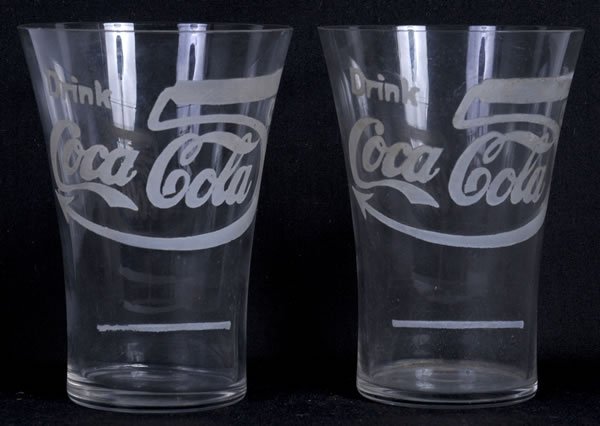 SET OF 2 COCA-COLA LARGE 5 CENTS FLARE GLASSES: A small rim nick is on each glass. Both are strong with only light wear, soiling, and mild stains on one glass. Condition 8.2 to 8.7 / EX