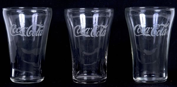 3 1920S COCA-COLA MODIFIED FLARE GLASSES: Minor weakness on one logo and light wear/soiling only. Condition 8.6 to 9.5 / EX-NM