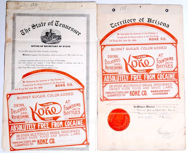 LOT OF 2 KOKE DEFENDANTS EXHIBITS: Both were filed January 22, 1917, in US District Court in Louisiana. These pieces were exhibits in a lawsuit between Coca-Cola and Koke over copyright infringement and they are the original 1910 trade
