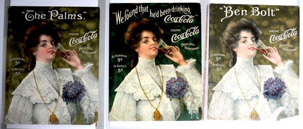 3 1906 COCA-COLA SETS OF SHEET MUSIC: 13 1/2" x 10 1/2". Moderate to average wear to two of the sets; heavier wear, marks and fold lines on "Ben Bolt". Two of the three back covers are separated from the front cover. Most of the inner she