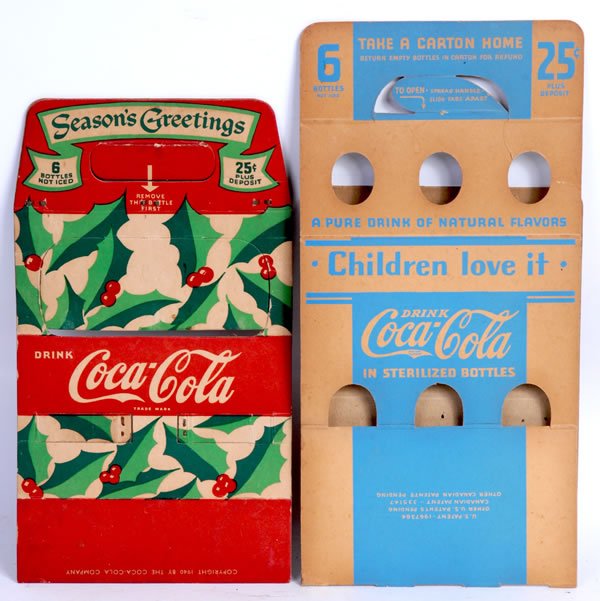2 COCA-COLA 1930'S BOTTLE CARRIERS: The Christmas carrier has only light soiling and very moderate wear. The other blue carrier is quite unusual with marketing directed towards children on both sides, reading: "Wholesome for Children" o