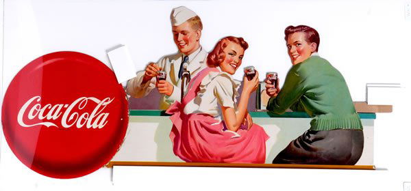 PARTIAL 1955 COCA-COLA TELEPHONE BACK BAR FESTOON: 16" x 35" is the largest component measurement, not counting the envelope size. The pieces missing from this display are the center piece and the right end piece. Good color remains with only light so