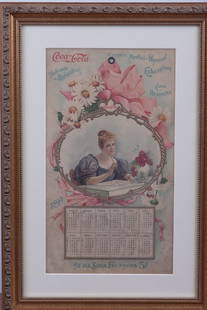 1899 COCA-COLA CALENDAR: Matted and framed under glass, the visible image measures 12 3/4" x 7 1/4". The calendar pad and pages are depleted and the staples are removed. The overall appearance of the calendar is quite strong