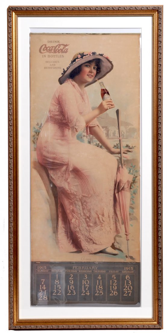1915 COCA-COLA CALENDAR with BOTTLE: Framed under glass. This calendar top has been dry mounted on board and still retains its metal strip and partial pad. The piece has medium to heavy soiling and general darkening with a few closed tea