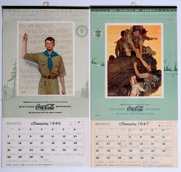 LOT OF 2 COCA-COLA BOTTLER'S BOY SCOUT CALENDARS: 1945 and 1947. 14 1/2" x 8" on both pieces. Both calendars feature Norman Rockwell artwork, and both are complete with metal strips and full pads. The 1945 is clean and bright with little to no marks