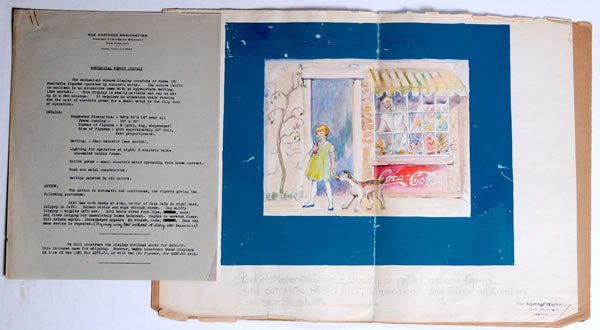 30'S TO 40'S COCA-COLA ORIGINAL ART WINDOW DISPLAY: 12 1/2" x 17". This is a very interesting piece and was drafted and proposed by Sue Hastings Marionettes in New York City. The proposal includes a cover letter, a full color watercolor illustration in