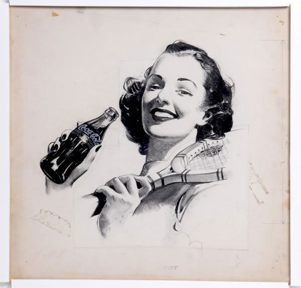 COCA-COLA ORIGINAL ART: 18" x 18". This piece was from the Sundblom Offices. It features a girl with tennis racket and Coke bottle, and is a pencil and watercolor sketch. Tape residue is apparent around the outside of the im