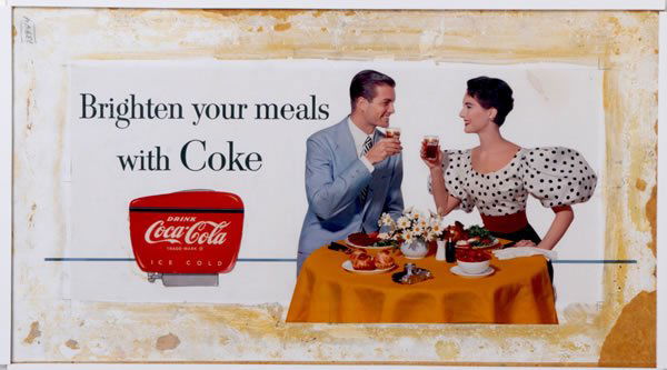 COCA-COLA ADVERTISEMENT and ARTIST PROOF FROM 1955: The image measures 11" x 23" and features a photo image of couple with Coke glasses at table and highlighted by painted areas. Glue residue remains on the border with some cropping lines and numbers v