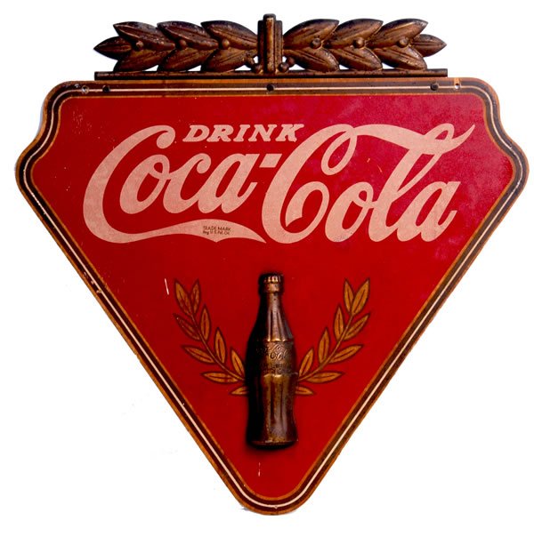 1930'S COCA-COLA KAY DISPLAYS TRIANGLE SIGN: 23" x 23". Only light to moderate overall wear, but fairly heavily darkened overall, and ambered from age. The gold metal portions are especially darkened with only a few minor chips and nicks, and a 