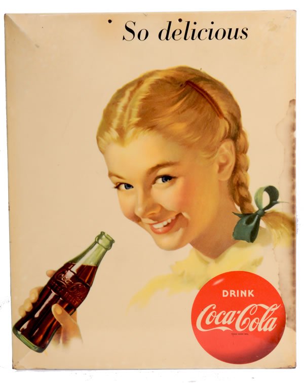 1940'S TO 1950'S COCA-COLA CELLULOID SIGN: 15 1/2" x 12 1/2". Very rare sign to find, this was made for the foreign market. Construction is celluloid, over tin, over cardboard, and was made to display on an easel or with a string. Slightly dar