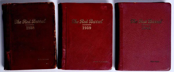 COCA-COLA RED BARREL EXECUTIVE BOUND EDITIONS: 8" x 6 1/4". 1938, engraved A. H. Butler, 1939 engraved Louis M. Dugger and 1941 engraved Ralph Hayes. Heavier exterior wear on the 1938 and 1939 with lesser exterior wear on the 1941. All are fairly