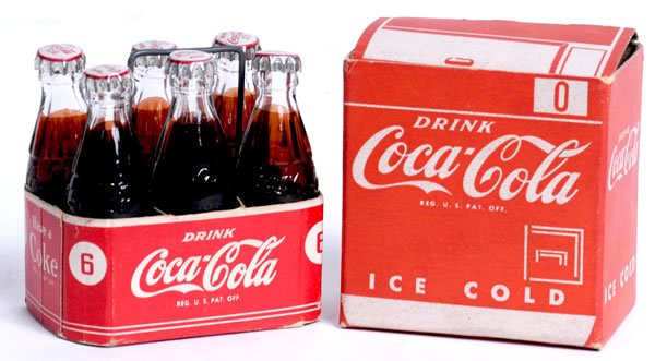 2 COCA-COLA MINIATURE SIX PACKS: 2 1/2" tall. Both are Bill’s Novelties and 1940s. Both bear small paper tags and have moderate wear/soiling only. Condition 8.5 to 9.3 / EX-NM