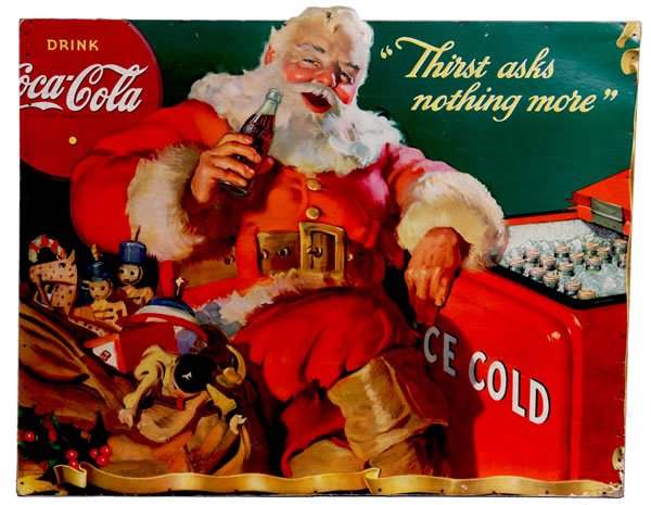 1940S COCA-COLA SANTA CUTOUT PORTION: 32" x 40" Trimmed on 4 sides with medium soiling and wear and perimeter nail holes. Condition 6.5 / G