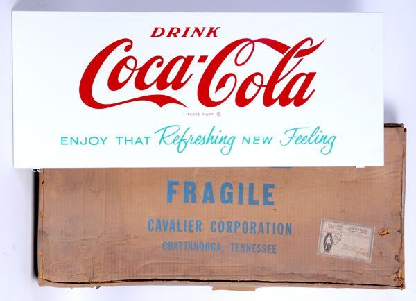 NEW IN BOX 1960S COCA-COLA CAVALIER TOPPER: COCA-COLA CAVALIER MACHINE TIN TOPPER SIGN - 14" x 33" Beautiful and unused with only minor marks. Condition 9.7 / NM
