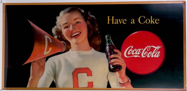 1946 LARGE HORIZONTAL COCA-COLA CARDBOARD POSTER: 27" x 56". Light soiling, strong bend, upper left green field area and a few other minor surface bends. A few other marks and spots, some light edge wear with light overall wear, a few rubs and some s