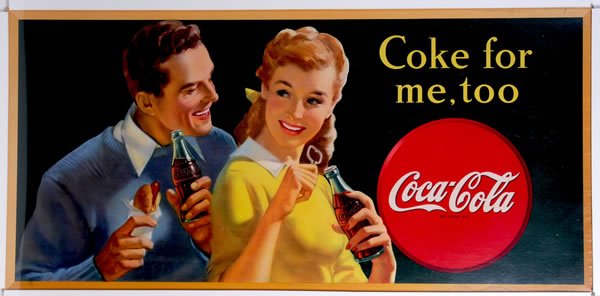 1946 LARGE HORIZONTAL COCA-COLA CARDBOARD POSTER: 27" x 56". Some general mild surface rubbing that appears as small white areas, mostly in the green background color. Otherwise some light soiling, a few minor marks, small dark surface scratch upper 