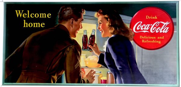 1944 LARGE HORIZONTAL COCA-COLA CARDBOARD POSTER: 27" X 56". A few small spots and minor rub marks., with only light wear and a few minor nicks in the color. Condition 8.2 to 8.6 / EX