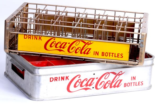 GROUP OF 2 ASSORTED COCA-COLA 24 BOTTLE CASES: 1940's to 1950's. All are very unusual in design, and rarely found. One is metal and wire, and the other is aluminum with a red plastic bottle divider insert. Only light to moderate overall wear on ei
