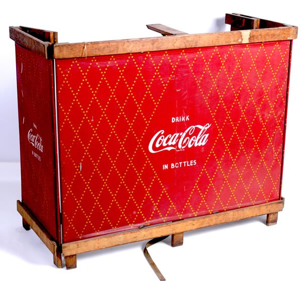 1950S COCA-COLA FOLDING EVENTS SALES STAND: 41" x 50" x 24" deep. Neat item. The side and rear panels fold out and are spring loaded to support a countertop ( not included ). Heavy vinyl and wood construction with a few small tears, rubs, paint