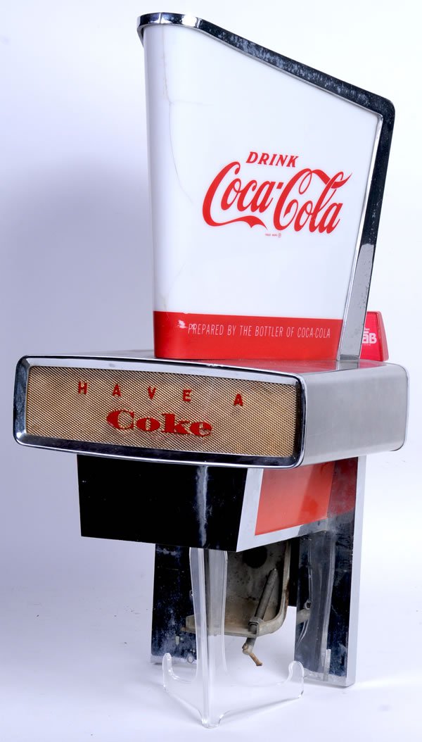 COCA-COLA GALAXIE 3 TAP COUNTERTOP DISPENSER: LIGHTED 27" x 12" x 16" deep. Some paint rubs and small nicks with mild pitting on some plated surfaces. Moderate overall wear and marks, otherwise. Condition 7.5/ VG